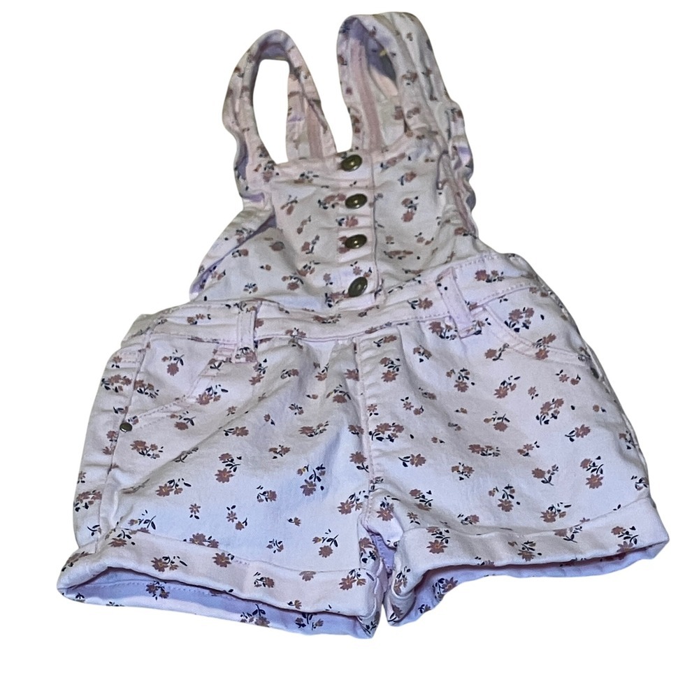 Wonder Nation Girls 4T Floral Shortall Overalls Light Pink Denim Bib Shorts